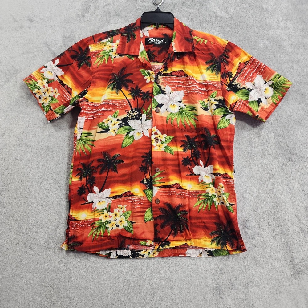 Vintage Favant Shirt Men S Red Orange Hawaiian Floral Tropical Beach Sunset Camp